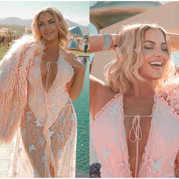 For Love & Lemons Beckett Butterfly Sequin Sheer Pink Maxi Dress Size XL - Picture 1 of 14